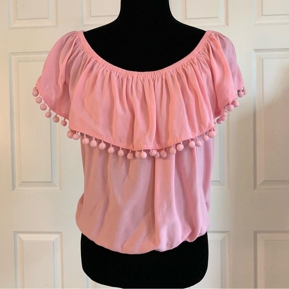 Forever 21 Bubblegum Pink Off Shoulder Pompom Top